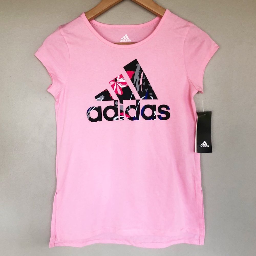 NWT Adidas Pink Floral Logo Short Sleeve Tee Youth - Picture 1 of 4